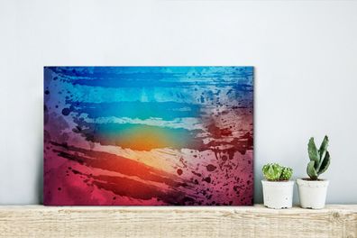 Leinwandbilder - 30x20 cm - Aquarell - Sonnenuntergang - Blau - Rot (Gr. 30x20 cm)