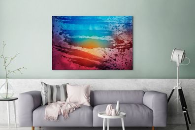 Leinwandbilder - 120x80 cm - Aquarell - Sonnenuntergang - Blau - Rot (Gr. 120x80 cm)