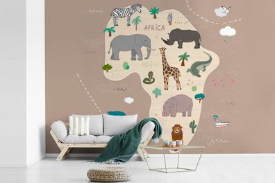 Fototapete - 330x220 cm - Weltkarte - Kinder - Afrika - Tiere (Gr. 330x220 cm)