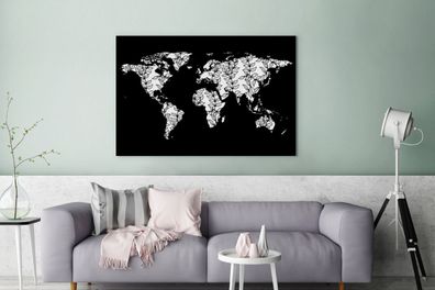 Leinwandbilder - 140x90 cm - Weltkarte - Schwarz - Weiß - Blätter (Gr. 140x90 cm)