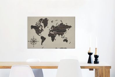 Leinwandbilder - 90x60 cm - Weltkarte - Holz - Kompassrose (Gr. 90x60 cm)