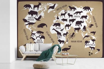 Fototapete - 450x300 cm - Weltkarte - Tiere - Braun (Gr. 450x300 cm)