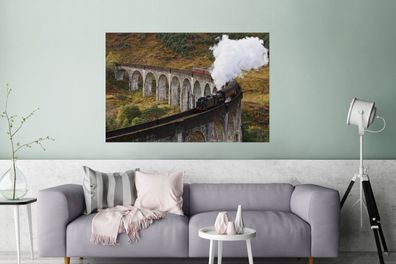 Glasbilder - 120x80 cm - Eine Dampflokomotive über eine charakteristische Brücke