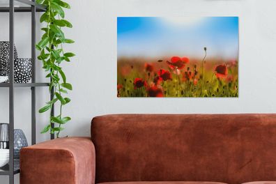 Leinwandbilder - 90x60 cm - Mohnblumen unter einem klaren blauen Himmel.
