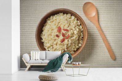 Fototapete - 360x240 cm - Die gekochte Quinoa in einer Holzschüssel (Gr. 360x240 cm)