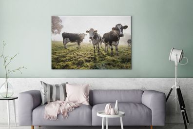 Leinwandbilder - 140x90 cm - Kuh - Gras - Nebel (Gr. 140x90 cm)