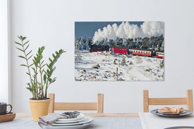 Leinwandbilder - 90x60 cm - Eine Dampflokomotive im Schnee (Gr. 90x60 cm)