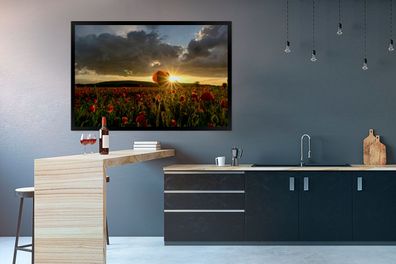 Poster - 120x80 cm - Sonnenstrahlen des Sonnenuntergangs leuchten auf den Mohnblumen