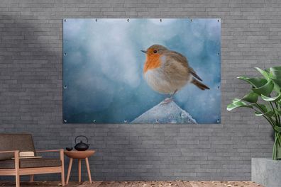 Gartenposter - 180x120 cm - Rotkehlchen - Winter - Blau (Gr. 180x120 cm)