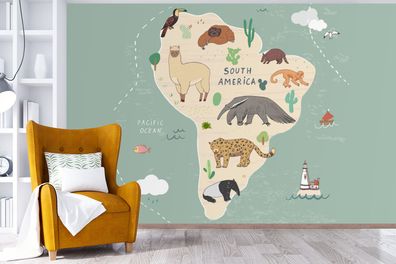 Fototapete - 390x260 cm - Weltkarte - Südamerika - Tiere (Gr. 390x260 cm)