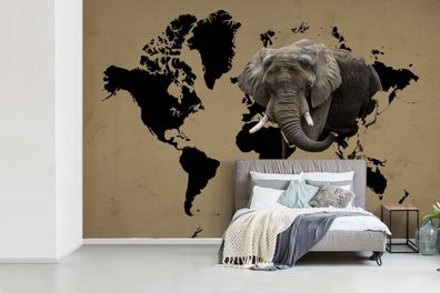 Fototapete - 360x240 cm - Weltkarte - Schwarz - Elefant (Gr. 360x240 cm)