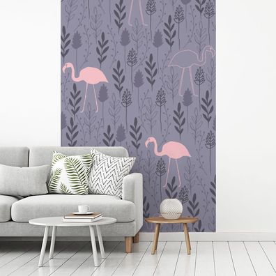 Fototapete - 195x300 cm - Flamingo - Pflanzen - Muster (Gr. 195x300 cm)
