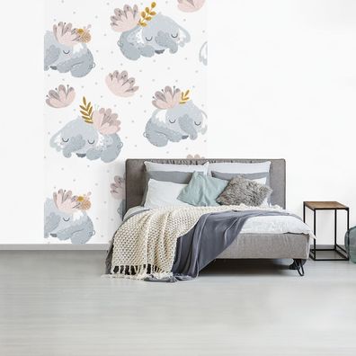 Fototapete - 145x220 cm - Design - Elefant - Blumen (Gr. 145x220 cm)