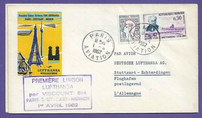 Flugpost-Frankreich-Lufthansa Erstflug-Paris--München-Viscount 814-1.4.1962-
