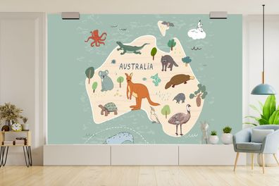 Fototapete - 330x220 cm - Tiere - Australien - Weltkarte - Kinder (Gr. 330x220 cm)