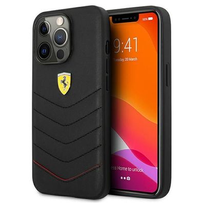 Handyhülle Case iPhone 13 Pro Ferrari Cover Echtleder schwarz Logo
