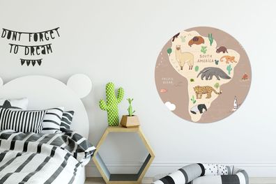 Runde Wandbilder - 90x90 cm - Tiere - Weltkarte Kinder - Braun (Gr. 90x90 cm)