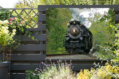 Gartenposter - 120x90 cm - Eine Dampflokomotive in einer grünen Umgebung