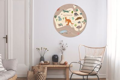 Runde Wandbilder - 90x90 cm - Weltkarte Kinder - Australien - Braun (Gr. 90x90 cm)