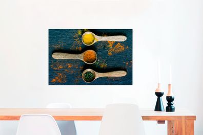 Leinwandbilder - 90x60 cm - Bunte Kräuter auf Löffeln (Gr. 90x60 cm)