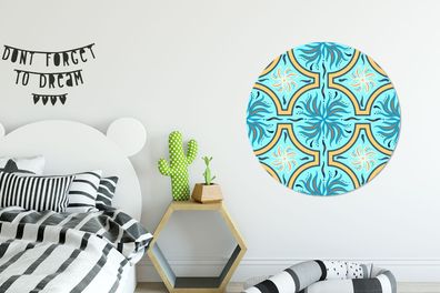 Runde Wandbilder - 90x90 cm - Blumen - Rahmen - Blau - Muster (Gr. 90x90 cm)