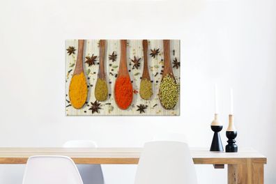 Leinwandbilder - 90x60 cm - Bunte Kräuter auf einem Holzlöffel (Gr. 90x60 cm)