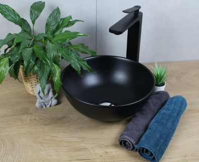 Keramik Waschbecken rund Ø 320 x 135 schwarz matt ohne Überlauf Aufsatzwaschbecken
