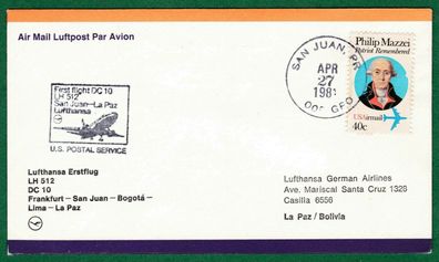 Flugpost-USA-Lufthansa Erstflug LH 512-San Juan--La Paz-DC 10-