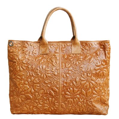 Elegante italienische Leder Handtasche in Braun mit Blumen Textur