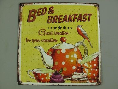 Blechschild, Reklameschild Bed & Breakfast, Gastro Wandschild 30x30 cm