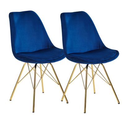 Wohnling Esszimmerstuhl 2er Set Samt Blau Küchenstuhl mit goldenen Beinen WL6.186