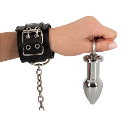 Edelstahl Anal-Plug mit Handfesseln in Leder-Optik + 3 Schlösser Sex-Spielzeug