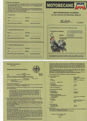 Betriebserlaubnis Solex Motobecane s 3800, Mofa , Fahrrad mit Hilfsmotor