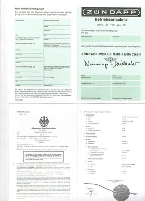 Betriebserlaubnis Zündapp Mofa 25, Blanko Papiere Datenblatt