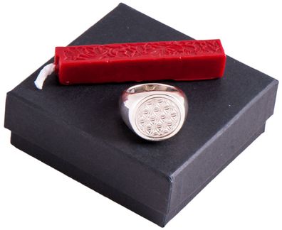 Siegelring-Set BLUME DES LEBENS 925er Silber mit rotem Siegelwachs Petschaft