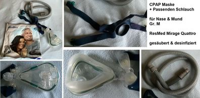 CPAP Maske + Passenden Schlauch für Nase & Mund Gr. M ResMed Mirage Quattro gesäubert