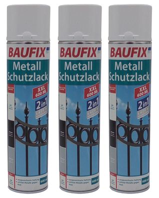 3x Baufix 2in1 Metall Schutzlack Spray 0,6l weiß glänzend Grundierung Rostspray