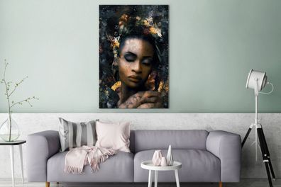 Leinwandbilder - 90x140 cm - Blumen - Frau - Gold (Gr. 90x140 cm)