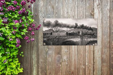 Gartenposter - 60x30 cm - Schwarz-weiße Illustration einer Dampflokomotive