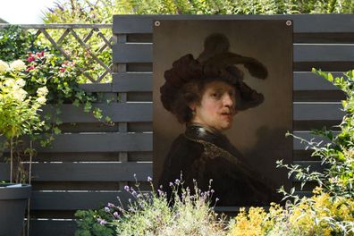 Gartenposter - 90x120 cm - Tronie eines Mannes mit gefiederter Baskenmütze - Rembrand