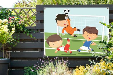 Gartenposter - 120x90 cm - Eine Illustration von drei Kindern, die Fußball spielen