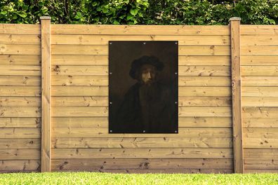 Gartenposter - 90x120 cm - Ein Mann mit Bart und Baskenmütze - Rembrandt van Rijn