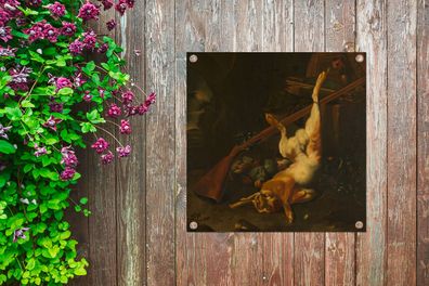 Gartenposter - 100x100 cm - Jagdbeute mit totem Hasen - Melchior d'Hondecoeter