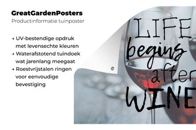 Gartenposter - 60x40 cm - Wein-Zitat "Das Leben beginnt nach dem Wein" mit Weingläser