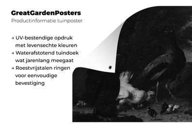 Gartenposter - 160x120 cm - Eine Henne mit Pfauen und einem Truthahn - Melchior d'Hon