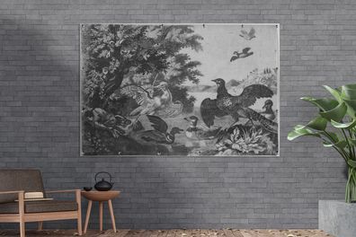 Gartenposter - 180x120 cm - Wasservögel und ein Hund - Melchior d'Hondecoeter