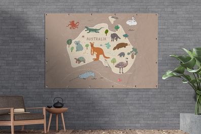 Gartenposter - 180x120 cm - Weltkarte Kinder - Australien - Tiere (Gr. 180x120 cm)