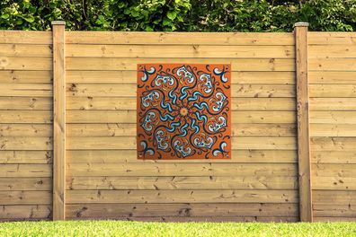 Gartenposter - 100x100 cm - Mandala - Blätter - Blau - Orange (Gr. 100x100 cm)