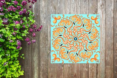 Gartenposter - 100x100 cm - Mandala - Blume - Orange - Blau (Gr. 100x100 cm)