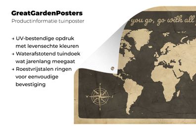 Gartenposter - 90x60 cm - Weltkarte - Kompassrose - Zitat (Gr. 90x60 cm)